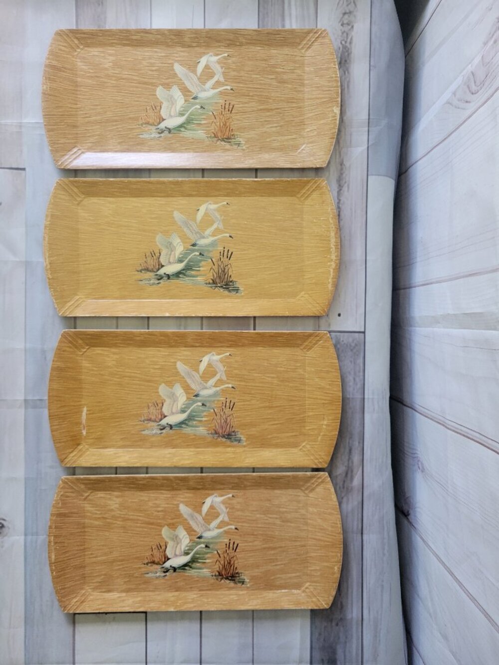 Vintage MCM Coronet Haskelite Lithograph Paper TV Trays w/ Swans, Lot of 4 wood